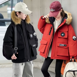 男女童加厚派克服2025冬季新款工装风毛领保暖连帽棉服外套防寒潮