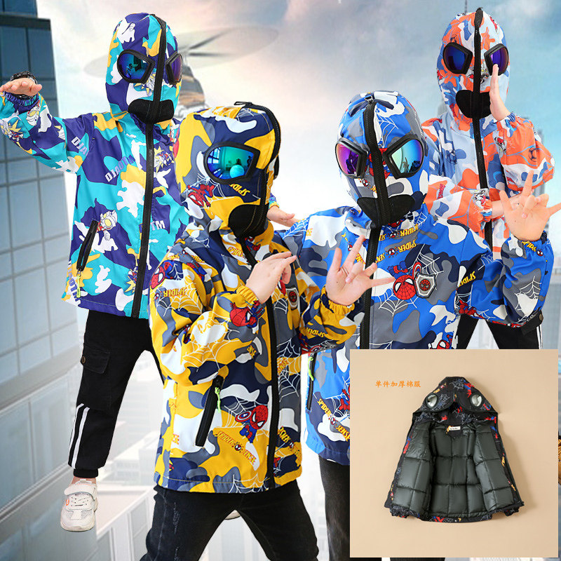 男童蜘蛛侠外套2025新款中大童奥特曼加厚棉服可拆棉服加绒带闪灯