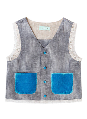 明智合禾亲子装灰色条纹马甲莱因蓝撞色男女童儿童夏季款上衣