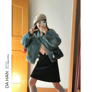美式复古水洗做旧蓝色牛仔外套女春秋港风宽松百搭小个子夹克上衣