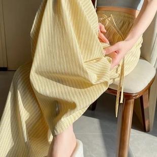 高腰直筒宽松休闲拖地裤 韩系长裤 薄款 夏季 慵懒多巴胺竖条纹阔腿裤