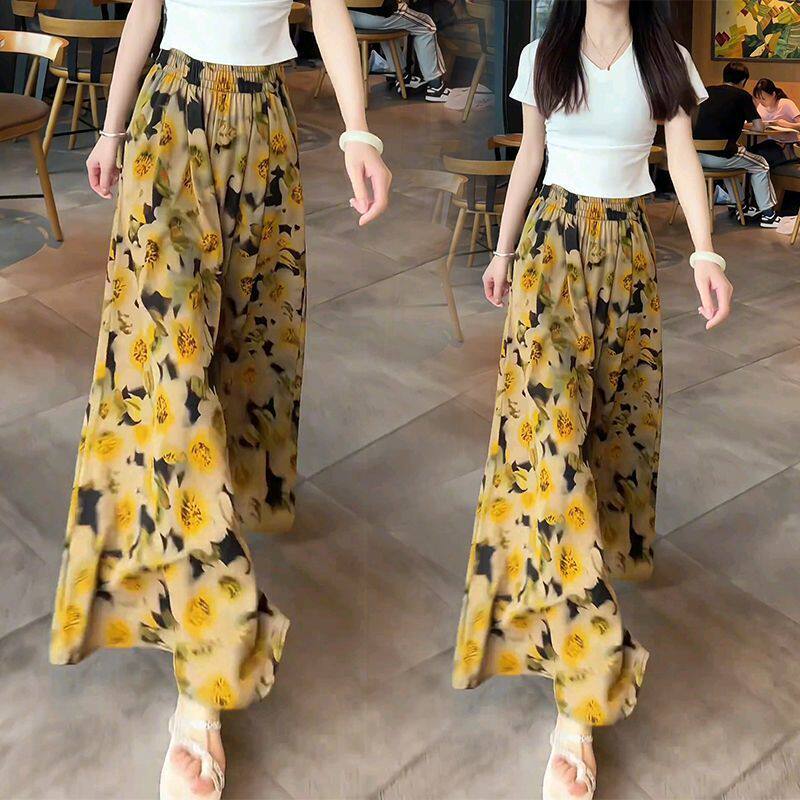 2025夏季新款碎花冰丝缎阔腿裤女薄款高腰宽松休闲垂感雪纺裙裤子