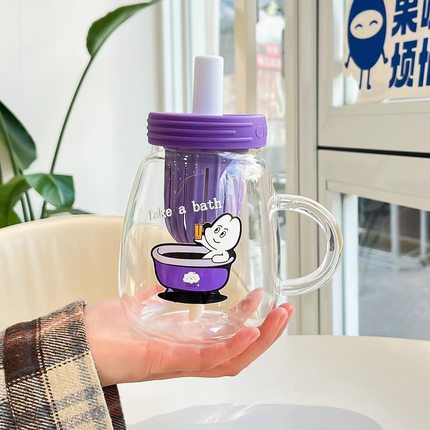 卡通炫彩旋盖式吸管玻璃杯高硼硅带茶漏大容量学生办公水杯高颜值