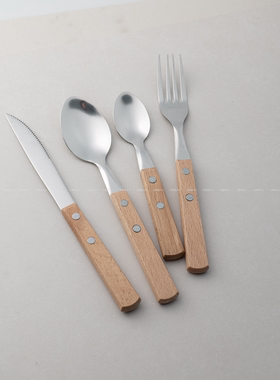 韩国勺子不锈钢牛排刀叉勺三件套ins高级感木柄西餐餐具套装家用
