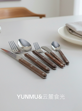 304不锈钢胡桃木柄复古西餐餐具牛排刀餐叉家用甜品勺沙拉叉黄油