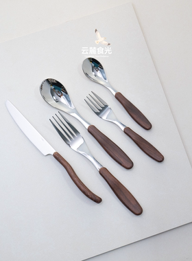 18/10不锈钢仿木纹复古西餐餐具亮光勺子刀叉子家用ins风甜品餐具