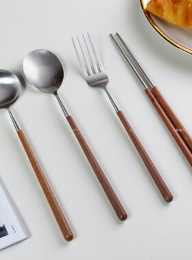 红檀木手柄304不锈钢勺子长柄勺叉餐具筷子装单人户外网红勺