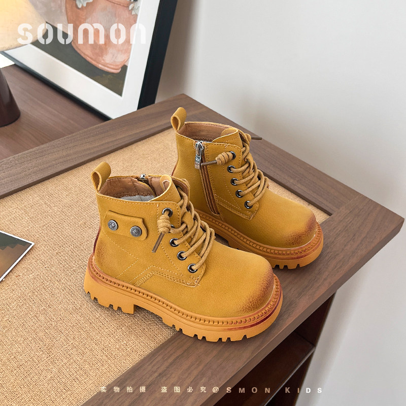 书萌真皮儿童马丁靴2026新款秋季大草原男童大黄靴女童皮靴短靴子