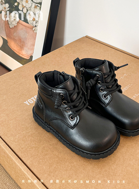 书萌儿童马丁靴2025秋冬季新款男童黑色真皮短靴女童软底二棉靴子