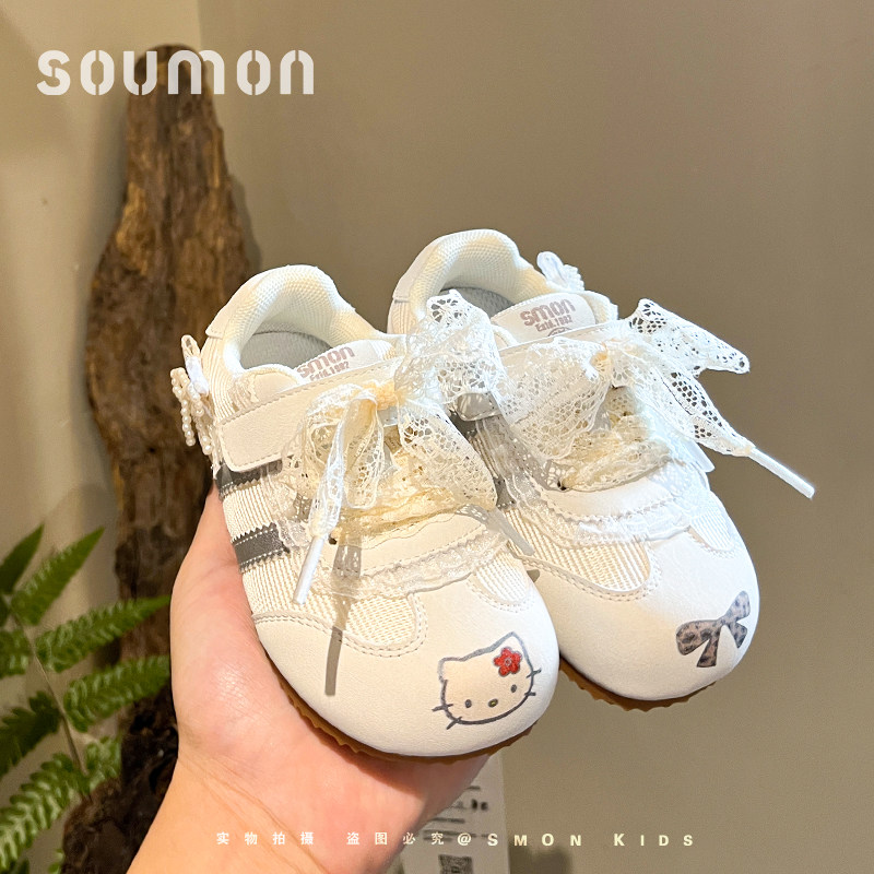 儿童运动鞋阿甘鞋女款蕾丝网布蝴蝶结公主鞋春款女小童百搭休闲鞋