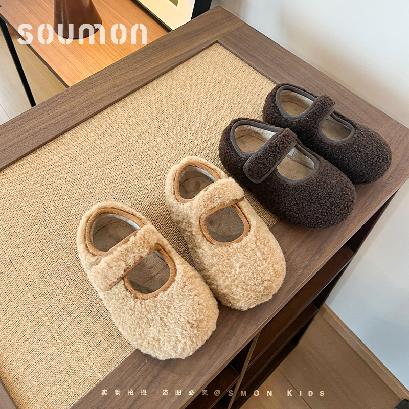 书萌儿童毛绒玛丽珍鞋秋冬新款魔术贴平底棉鞋小女童轻便保暖单鞋