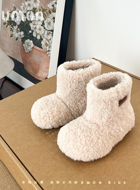 书萌儿童白色毛绒雪地靴2026冬季新款保暖短筒软底毛毛鞋套筒棉靴