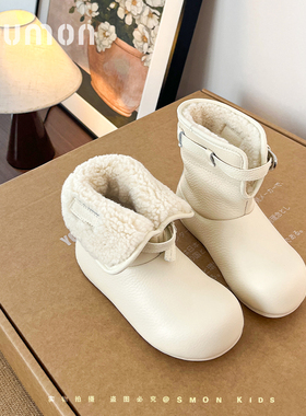 书萌真皮女童雪地靴冬季加绒保暖翻领棉靴儿童短靴女孩公主靴皮靴
