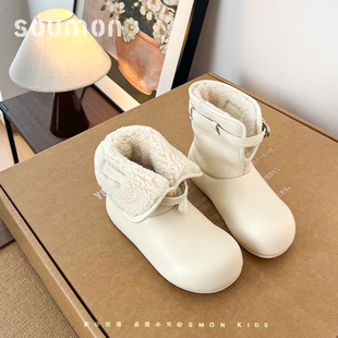 书萌真皮女童雪地靴冬季加绒保暖翻领棉靴儿童短靴女孩公主靴皮靴