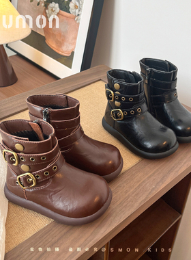 儿童皮靴2025新款秋冬季女童加绒保暖棉鞋宝宝鞋小女孩马丁靴毛毛