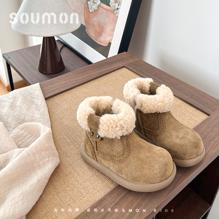 书萌儿童棉鞋冬季新款英伦风女童靴子短靴加绒保暖棉靴公主靴软底
