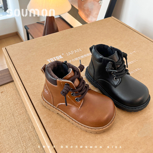 书萌儿童马丁靴2026秋冬季新款男童黑色真皮短靴女童软底二棉靴子