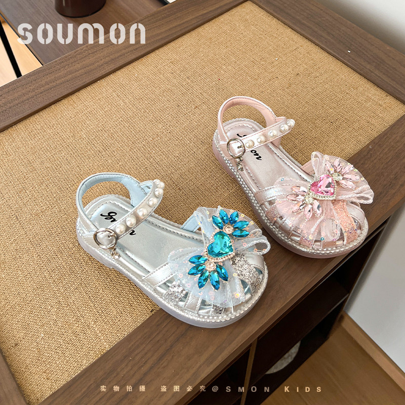 书萌儿童凉鞋2026夏季新款女童甜美艾莎公主鞋水钻珍珠软底水晶鞋