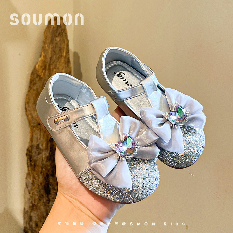 儿童小皮鞋中大童银色公主鞋女童配礼服春款女小童演出水晶公主鞋