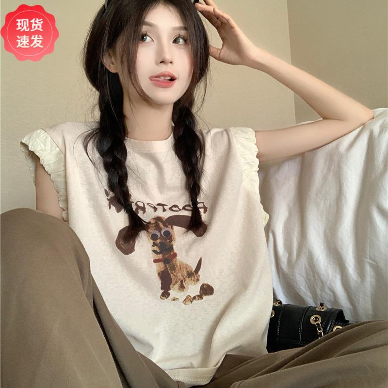 美式复古小狗印花无袖背心T恤女夏季新款显瘦宽松外穿小飞袖上衣