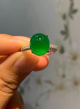 天然冰透正阳绿蛋面翡翠色玉髓戒指缅甸帝王绿满绿开口指环气质女