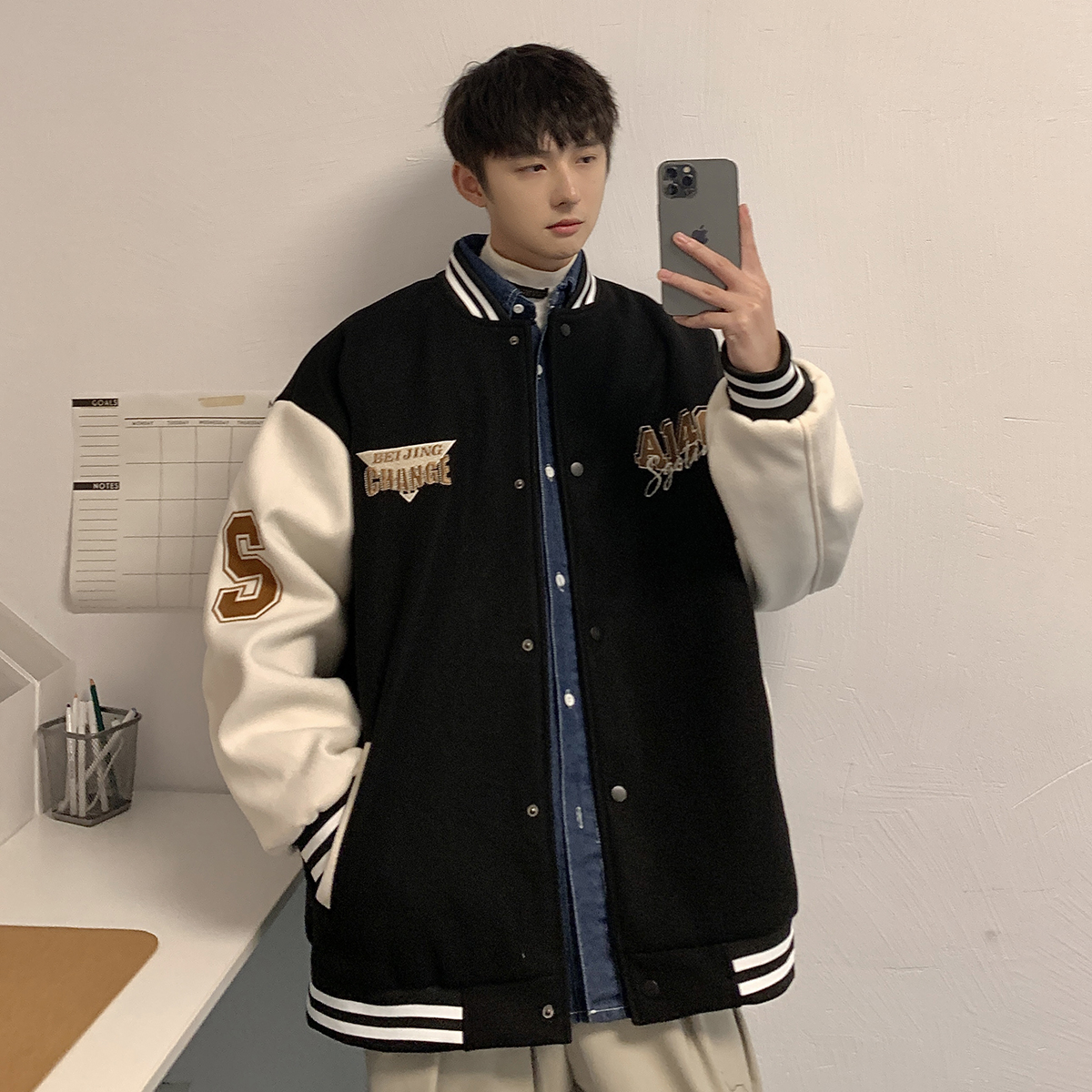 2025秋装新款港风潮牌拼色刺绣呢料棒球服夹克M567/P88控价118，男装夹克，电商A146