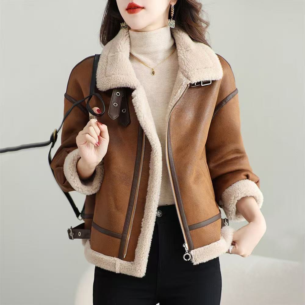 皮毛一体短外套女冬季羊羔毛