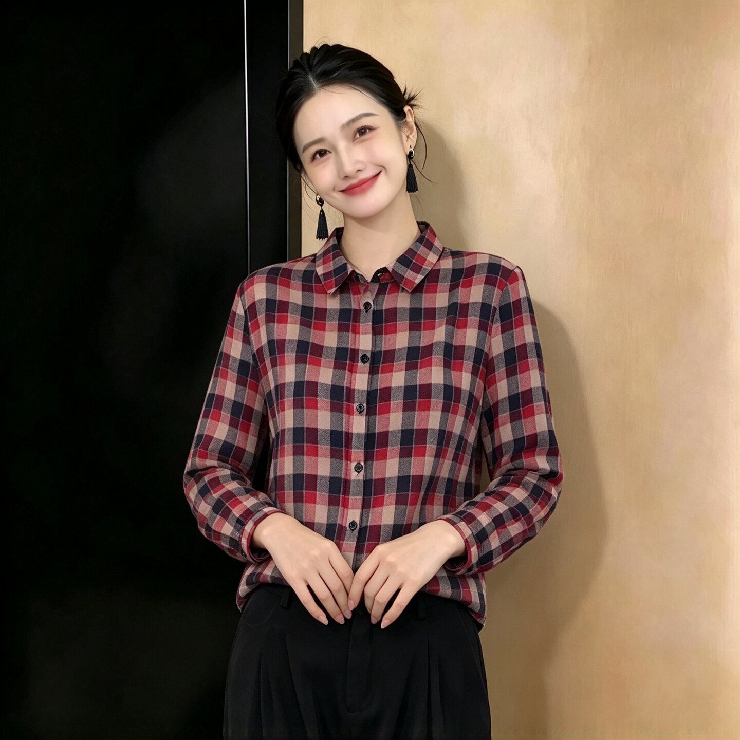 时尚复古风撞色格纹衬衫女今年流行的爆款女装秋上衣新款百搭衬衣