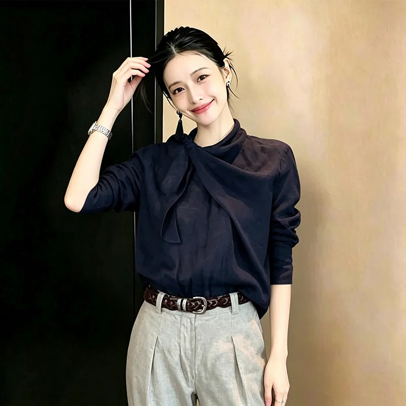 大码时尚潮流荷叶领系带衬衫女装2026新款小众通勤风宽松显瘦上衣