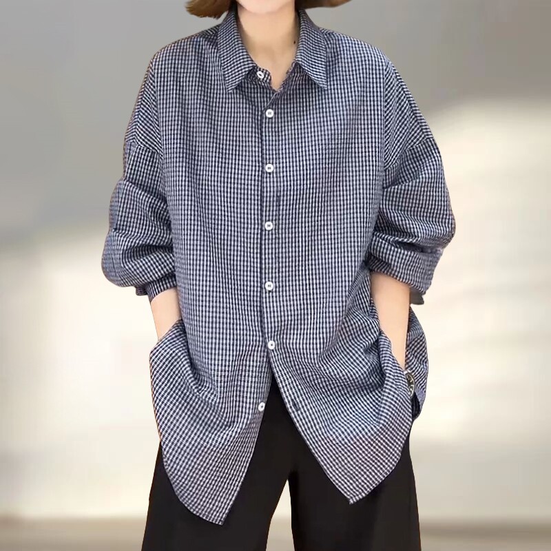 休闲慵懒风格纹设计长袖衬衫