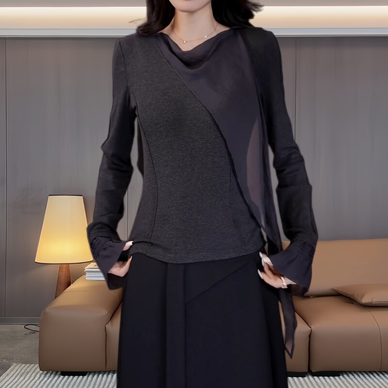 大码女装时尚高级感长袖拼接网纱上衣早秋穿搭修身显瘦打底T恤