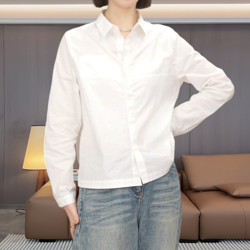 韩版小众时尚极简通勤风长袖衬衫新款舒适感POLO领秋季穿搭上衣女