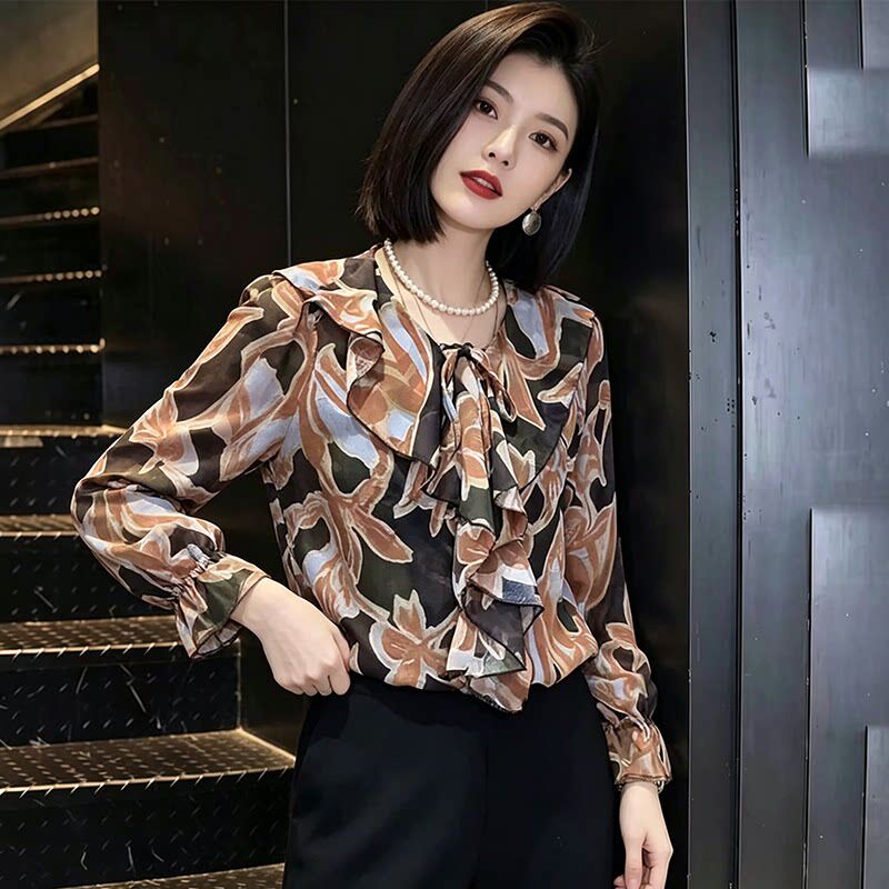 时尚复古风碎花长袖衬衫女款