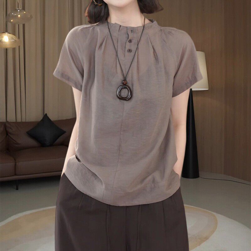 胖mm夏季宽松显瘦压褶立领衬衫