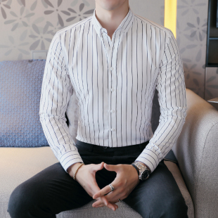 春秋XS小码S号条纹长袖衬衫男士矮个子155韩版修身林弯弯衬衣外套