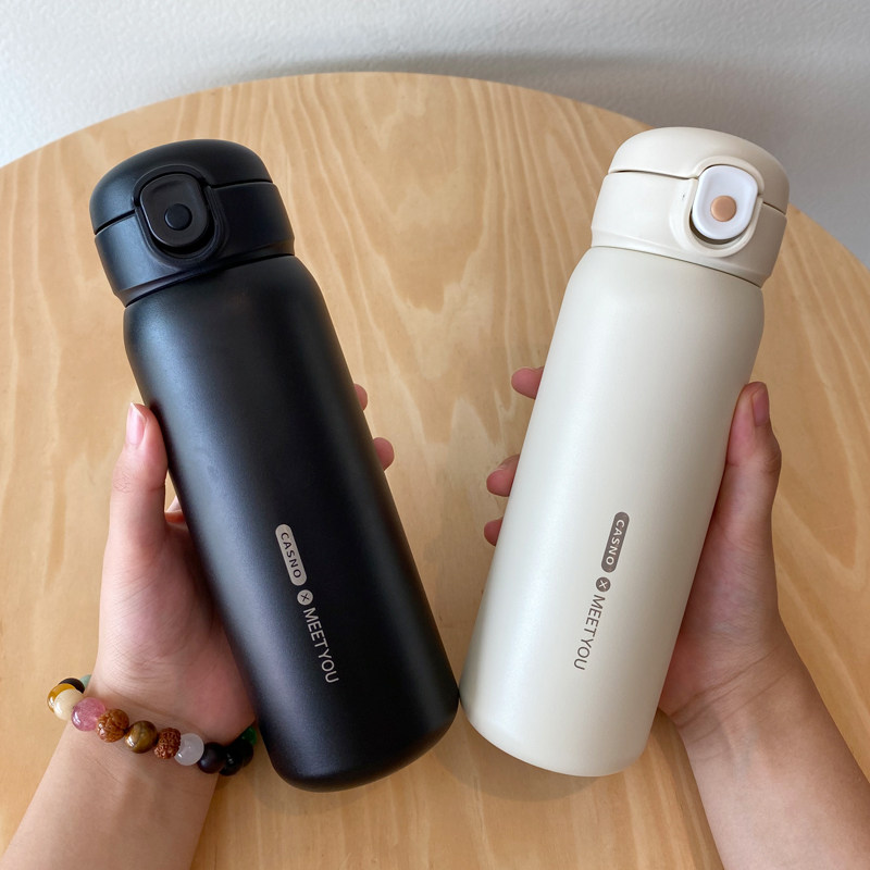 简约保温杯316不锈钢带吸管学生女高颜值便携弹跳杯户外车载水杯