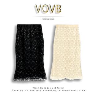 9015 小香风鱼鳞钉珠花纹重工百搭气质高级减龄后开叉包臀半身裙