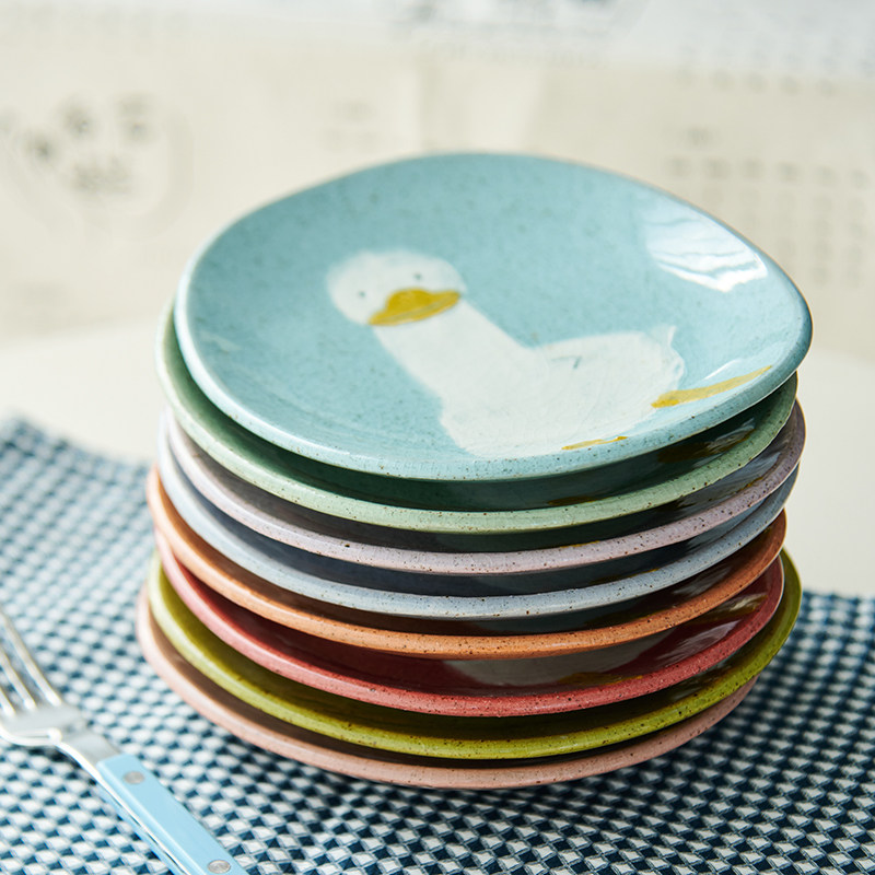 韩国进口Ouchi设计师手作原创彩色鸭子图案冰裂纹陶瓷果盘点心盘,餐饮具,盘,淘宝优惠券,粉丝福利购,淘宝优惠卷