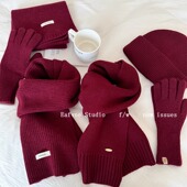 安可拉红色高级感帽子100%纯羊毛围巾女冬季 针织毛线手套保暖围脖