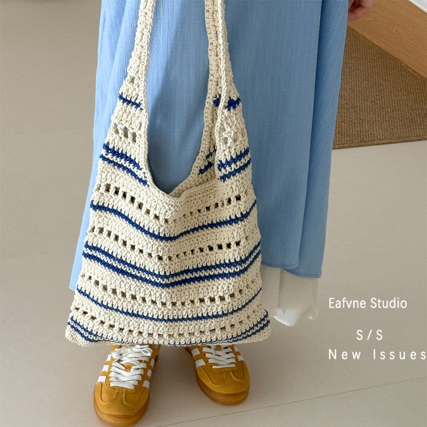 蓝色条纹手工编织包夏天2025新款百搭单肩手提包购物袋棉线托特包