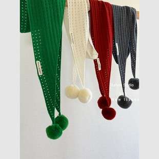 四季可用绵羊毛羊绒披肩女秋冬保暖针织兔毛球三角巾围巾简约复古