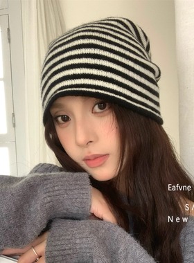 中性灰色条纹全羊毛100%针织帽女秋冬新款大头围堆堆帽冷帽包头帽