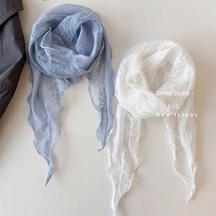 女夏天蓝色之恋蕾丝边丝巾包头三角巾木耳边围脖拍照薄款围巾屁帘