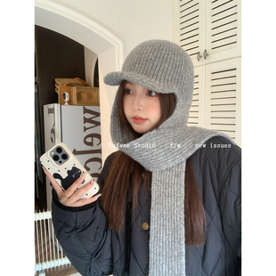时髦精博主款针织巴拉克拉法帽围巾一体复古秋冬保暖鸭舌护耳帽女