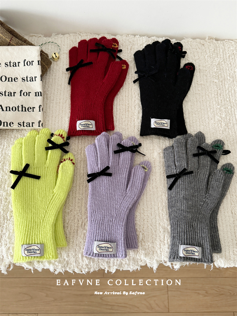 韩国秋冬百搭少女蝴蝶结针织手套