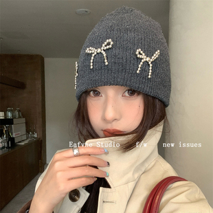 时髦精博主款清冷蝴蝶结针织毛线帽秋冬ins大头围百搭护耳冷帽女