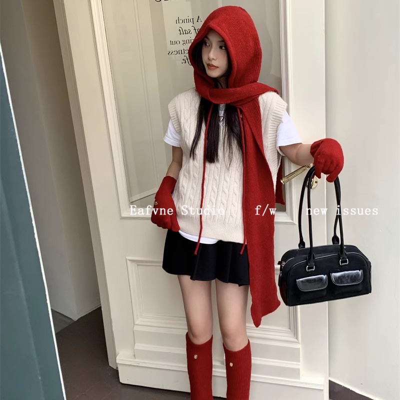 羊毛混纺帽子披肩一体袜套秋冬