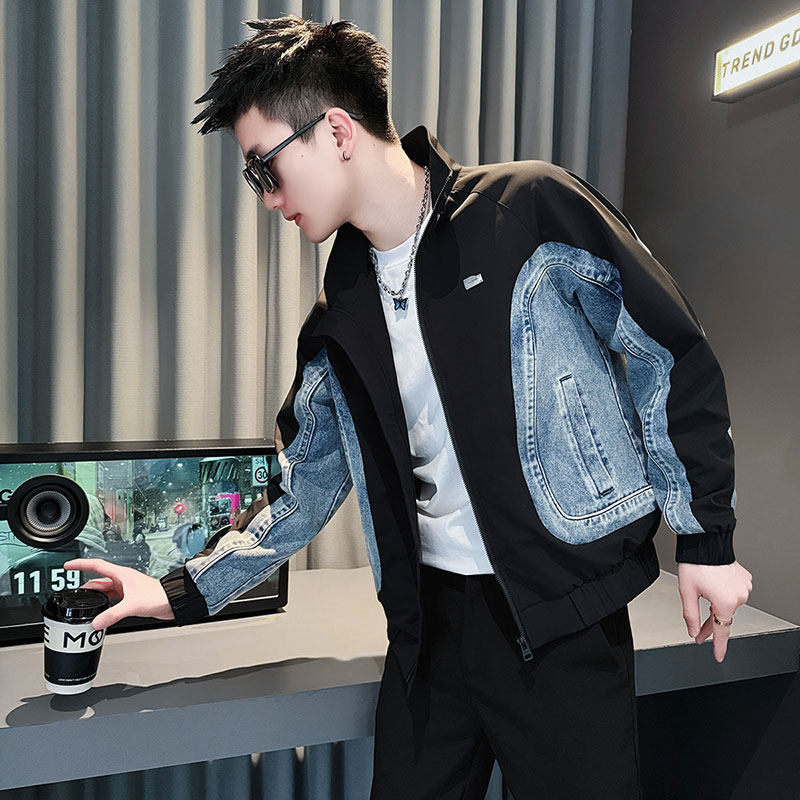 高级设计款牛仔拼接外套男款春秋季网红潮牌爆款痞帅休闲短款夹克