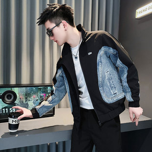 高级设计款牛仔拼接外套男款春秋季网红潮牌爆款痞帅休闲短款夹克