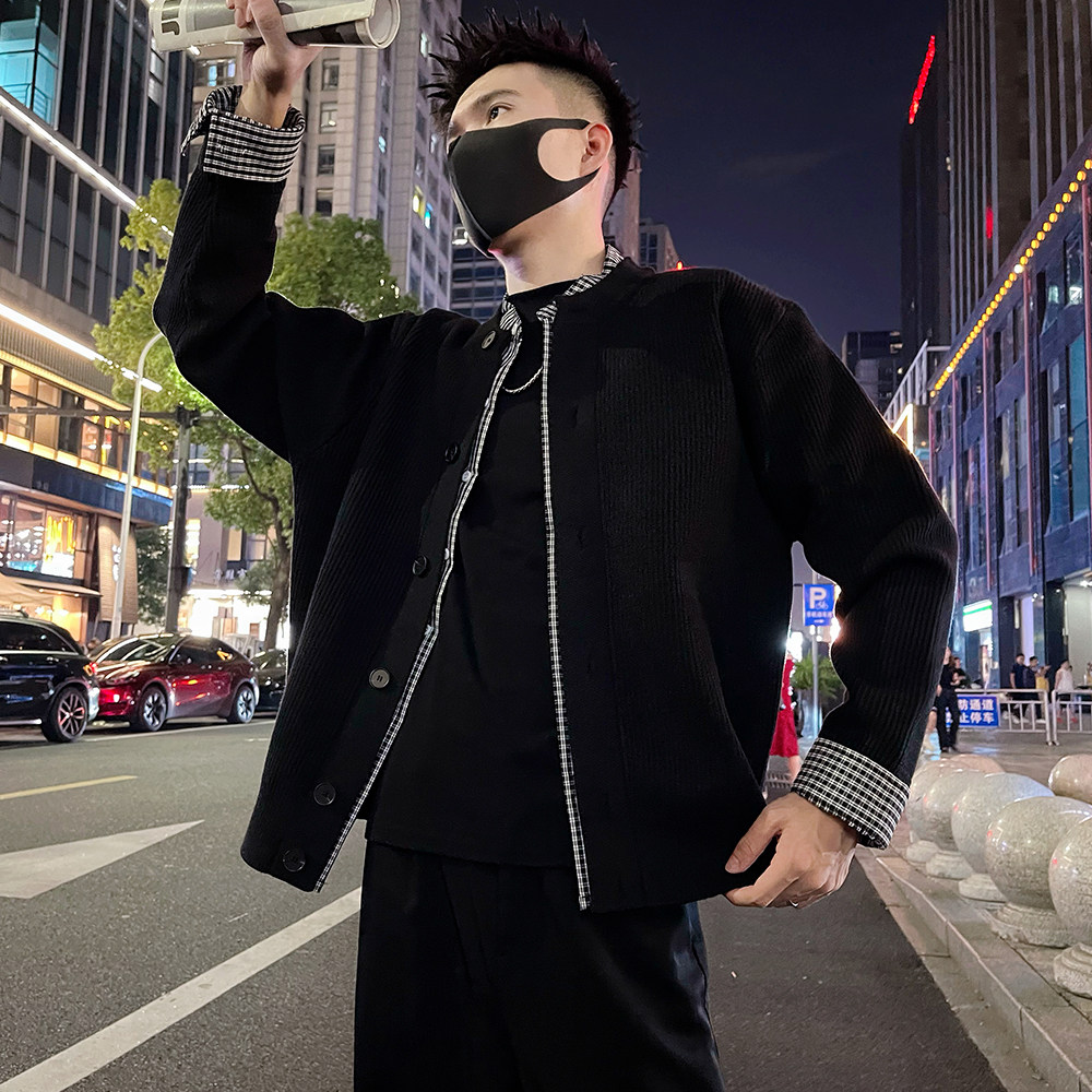 男士潮牌高档针织开衫外套春秋季设计感拼接上衣时尚休闲痞帅夹克